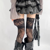 Goth Thigh-High Sheer Sock — Lace, Velvet Band & Crimson Edge