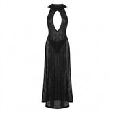Cyber Goth Shadow Veil Hooded Maxi Dress