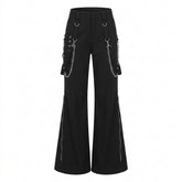 Goth Chain & Zip Flare Pants in Noir Black
