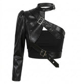 Goth Asymmetric One-Sleeve Buckle Harness Top