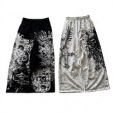 Goth Winged Skull Graphic Wide-Leg Pants