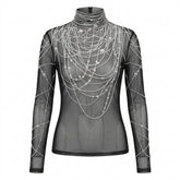 Nu Goth Pearl Web Mesh Long Sleeve Top