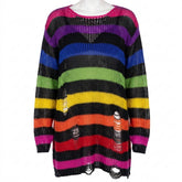 Goth Distressed Rainbow Stripe Oversized Sweater