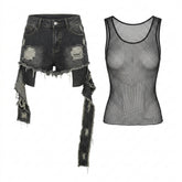 Cyber Goth Shredded Denim & Mesh Tank Set