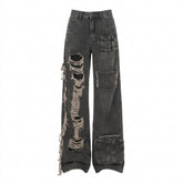 Goth Shredded Cargo Wide Leg Pants in Washed Black