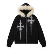 Mall Goth Dual Blade Cross Fur Trim Zip Top