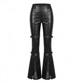 Goth Buckle Strap Faux Leather Flare Pants