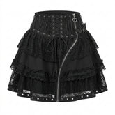 Goth Lace Tiered Corset Mini Skirt in Midnight Black