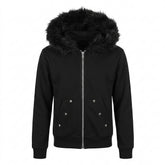 Mall Goth Faux-Fur Trim Zip Tshirt in Void Black