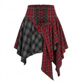 Goth Crimson & Shadow Plaid Lace-Up Mini Skirt