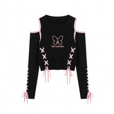 Pastel Goth Vernichten Butterfly Lace-Up Crop Sweater