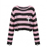 Pastel Goth Candy Stripe Distressed Knit Sweater