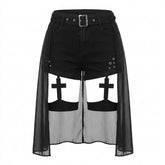 Nu Goth Cross Garter Mesh Overlay Outfit
