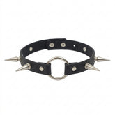 Goth Silver Spike Faux Leather Choker Necklace
