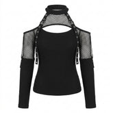Goth Harness Cold Shoulder T-Shirt in Ribbed Mesh Black