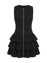 Goth Zipper Tiered Mini Dress in Midnight Black