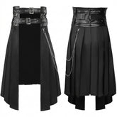Goth Dual-Belt Asymmetric Chain Pleated Skirt