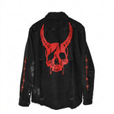 Goth Horned Skull Distressed Denim Coat