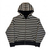 Goth Faux Fur Hood Striped Zip-Up Tshirt