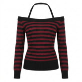Goth Blood Stripe Off-Shoulder Knit Top