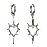 Goth Thorned Heart Drop Earring — Spiked Silver Hoop Charm