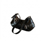 Goth Buckle Strap Baguette Bag in Glossy Black