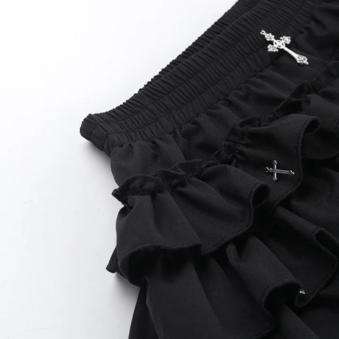 Goth Cross Pendant Tiered Ruffle Mini Dress