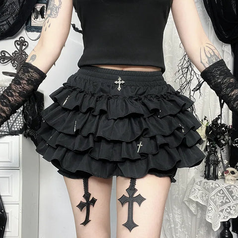 Goth Cross Pendant Tiered Ruffle Mini Dress