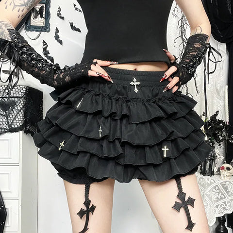 Goth Cross Pendant Tiered Ruffle Mini Dress