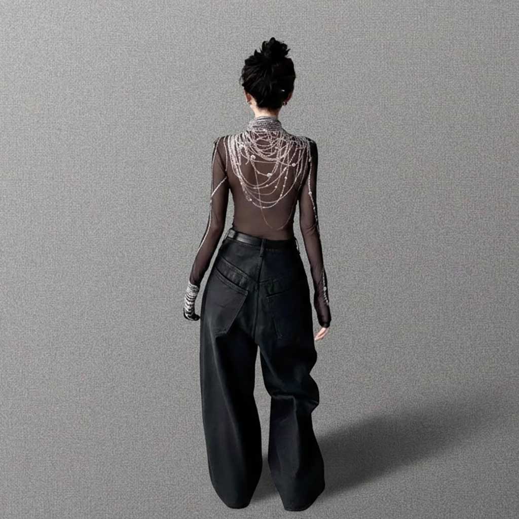 Gothic Top with black pearl chain print