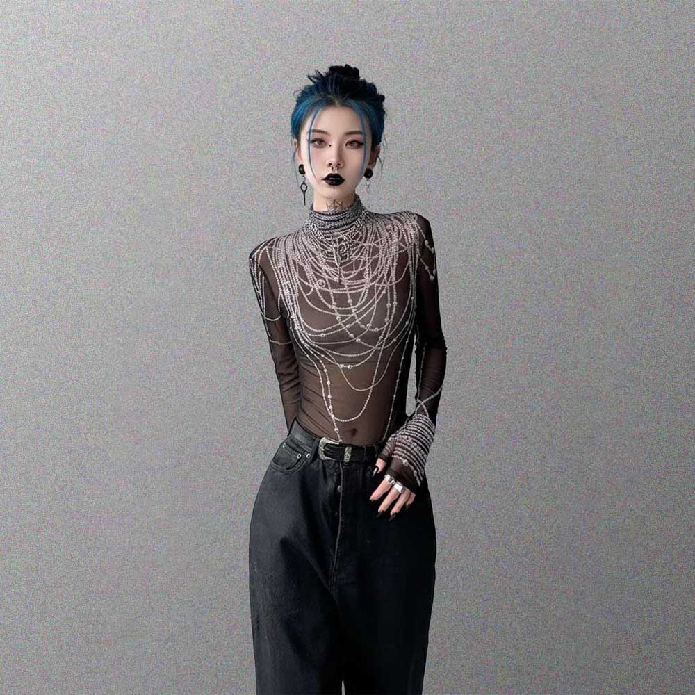 Gothic Top with black pearl chain print