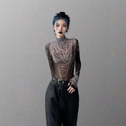 Gothic Top with black pearl chain print
