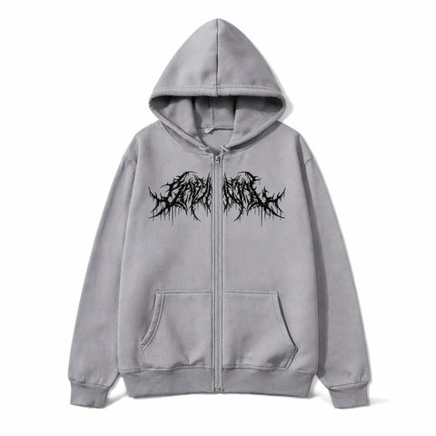 Gothic Hoodie with dark green metal graphic zip-up