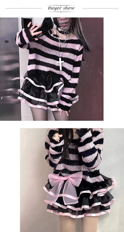 Pastel Goth Candy Stripe Distressed Knit Sweater