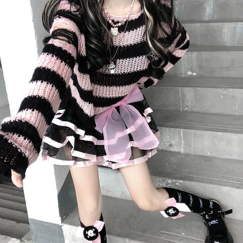 Pastel Goth Candy Stripe Distressed Knit Sweater