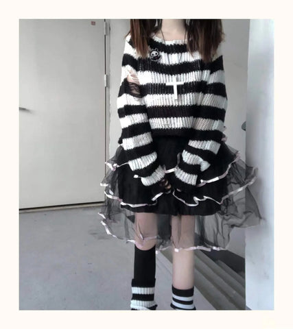 Pastel Goth Candy Stripe Distressed Knit Sweater