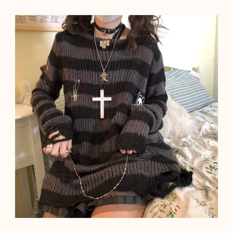 Pastel Goth Candy Stripe Distressed Knit Sweater