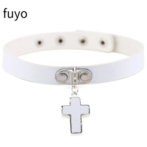 Pastel Goth White Faux Leather Spike & Chain Choker Necklace