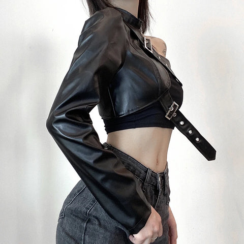 Goth Asymmetric One-Sleeve Buckle Harness Top