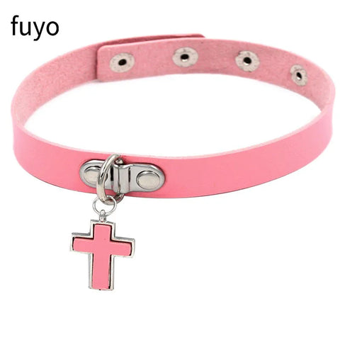 Pastel Goth Pink Faux Leather Choker Necklace Collection