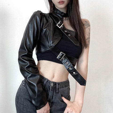 Goth Asymmetric One-Sleeve Buckle Harness Top