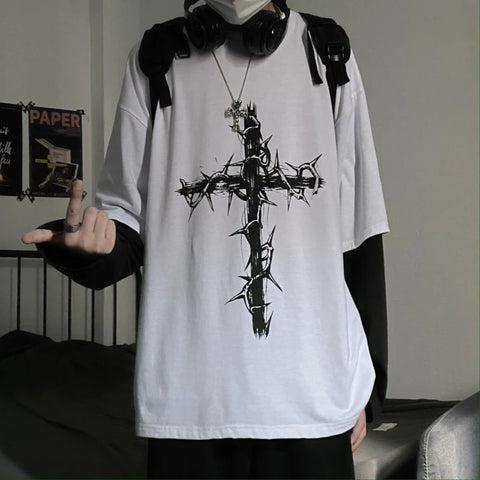 Mall Goth Thorn Cross Layered T-Shirt