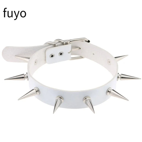 Pastel Goth White Faux Leather Spike & Chain Choker Necklace
