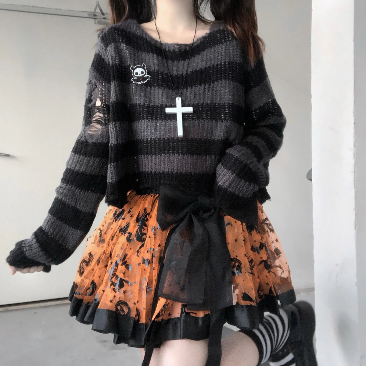 Pastel Goth Candy Stripe Distressed Knit Sweater
