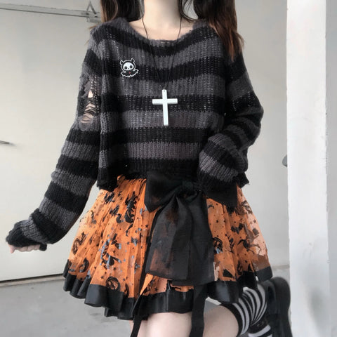 Pastel Goth Candy Stripe Distressed Knit Sweater