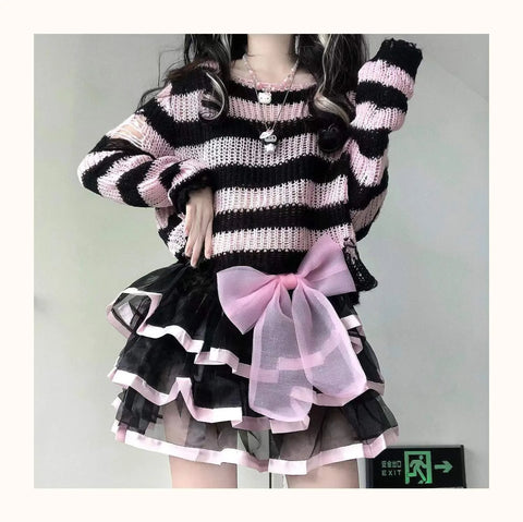 Pastel Goth Candy Stripe Distressed Knit Sweater