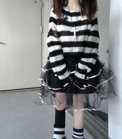Pastel Goth Candy Stripe Distressed Knit Sweater