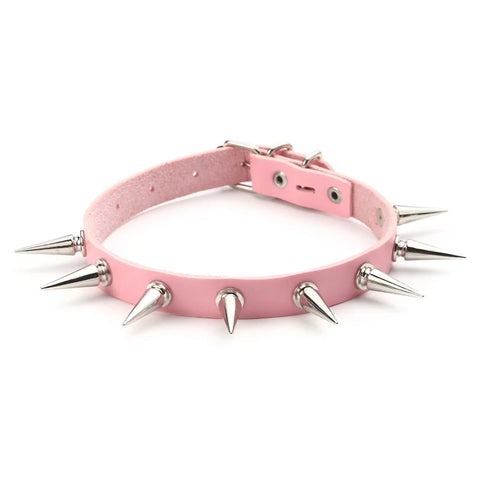 Goth Silver Spike Faux Leather Choker Necklace