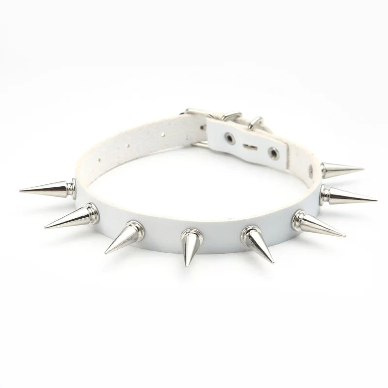 Goth Silver Spike Faux Leather Choker Necklace