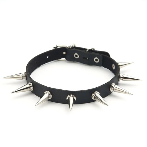 Goth Silver Spike Faux Leather Choker Necklace